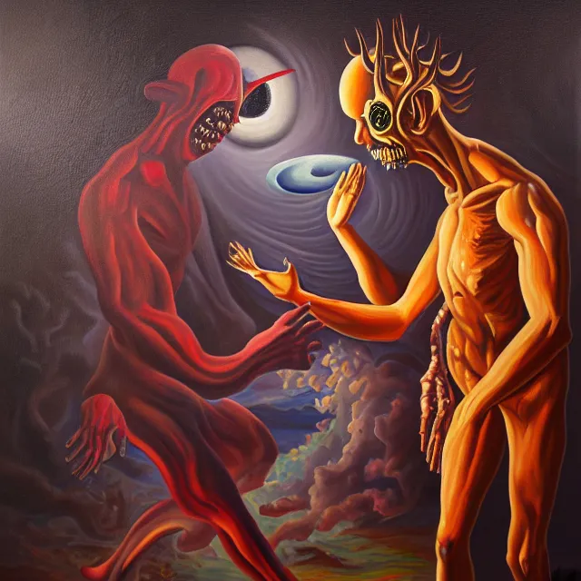 Image similar to an oil on canvas portrait painting of a man meeting a demon, polycount, surrealism, surrealist, cosmic horror, high detail