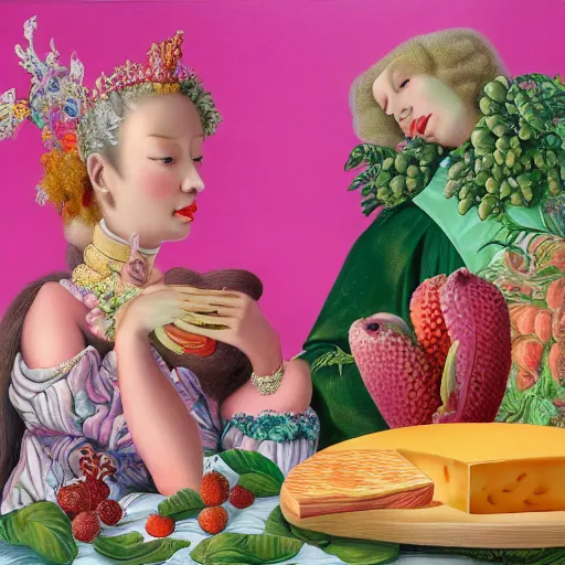 Image similar to a highly detailed oil painting of 2 pink dolphin queens ruling a cheese kingdom surrounded by exotic fruits and plants, surreal, 4 k, trending on art station, in the style of dali, boch, matisse caravaggio, comical