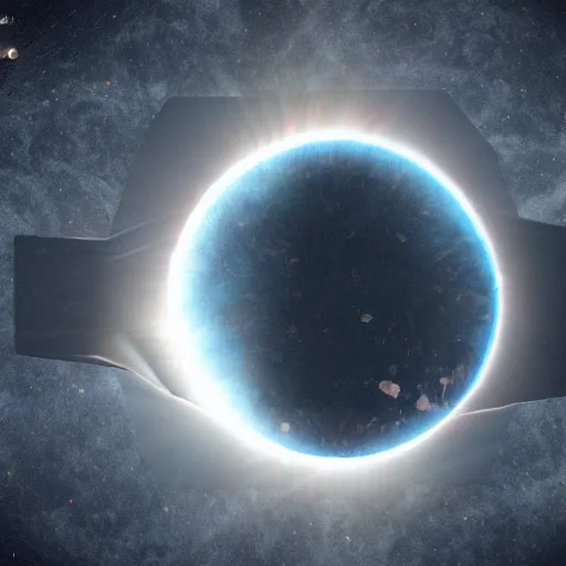 Image similar to hexagon sun shield floating in space, unreal engine, digital art, solar eclipse, seen from earth