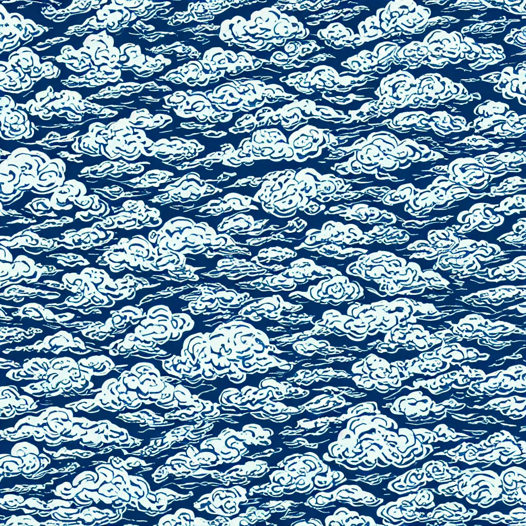 Image similar to optical illusion woodblock print, supercell clouds over the ocean stamp pattern