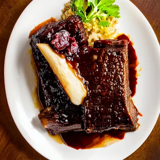 Prompt: braised short rib in red wine reduction from taco bell ( eos 5 ds r, iso 1 0 0, f / 8, 1 / 1 2 5, 8 4 mm, postprocessed, 4 k )