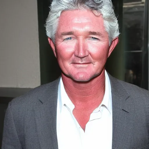 Image similar to patrick duffy, he has very long length straight grey hair, wearing a white shirt