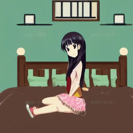 Prompt: cute asian girl sitting on bed, in the style of anime
