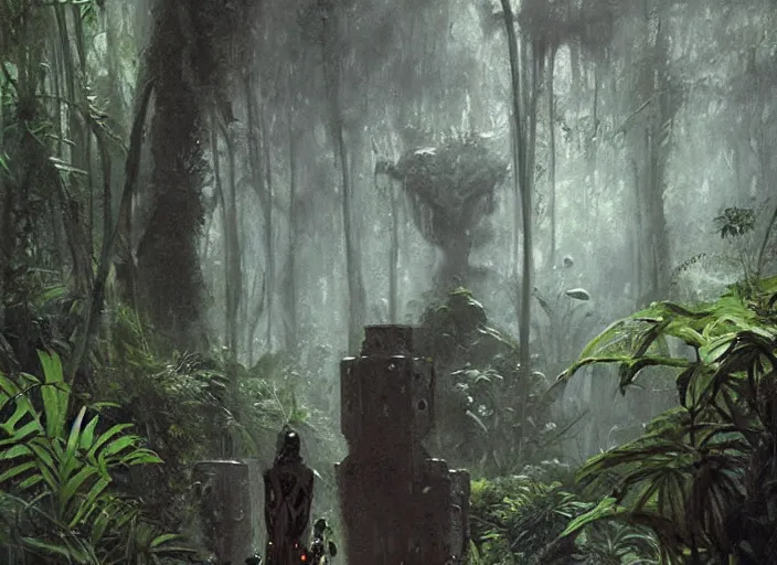 Image similar to interior shot of a lush jungle with a robot explorer navigating the harsh terrain looking away in the distance at a futuristic obelisk, masterpiece, painterly, art by artem demura, emotion, fantasy art,