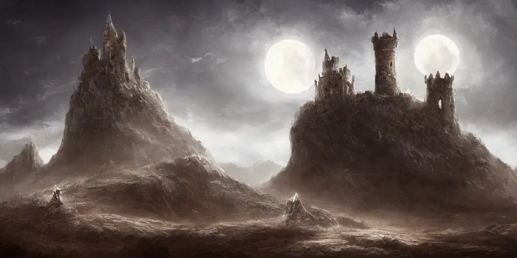 Image similar to old mage traveling a barren landscape towards a distant castle, dramatic moonlight, apocalyptic fantasy, mmo, digital art, 4 k