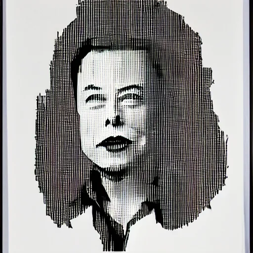Image similar to elon musk's face logo as a silkscreen print art / serigraphy designs cut out of paper or another thin, strong material and then printed by rubbing, rolling, or spraying paint or ink through the cut out areas