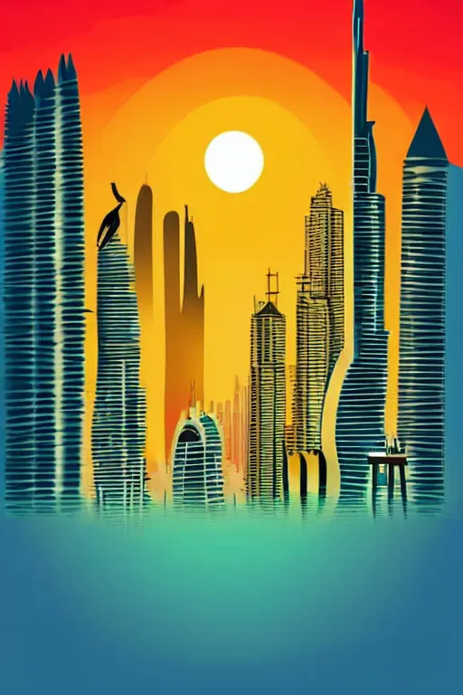 Image similar to minimalist boho style art of colorful dubai at sunrise, illustration, vector art