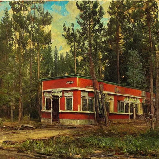 Image similar to a beautiful painting of an abandoned overgrown 7 - eleven by ivan shishkin, masterpiece