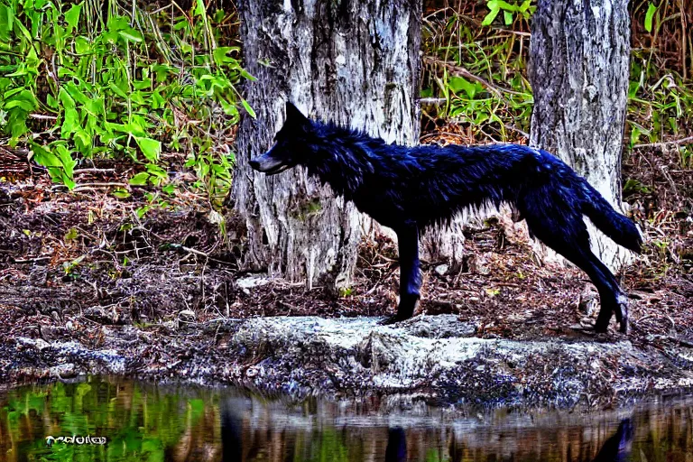 Image similar to ! human wolf crow werecreature, color photograph captured at creek