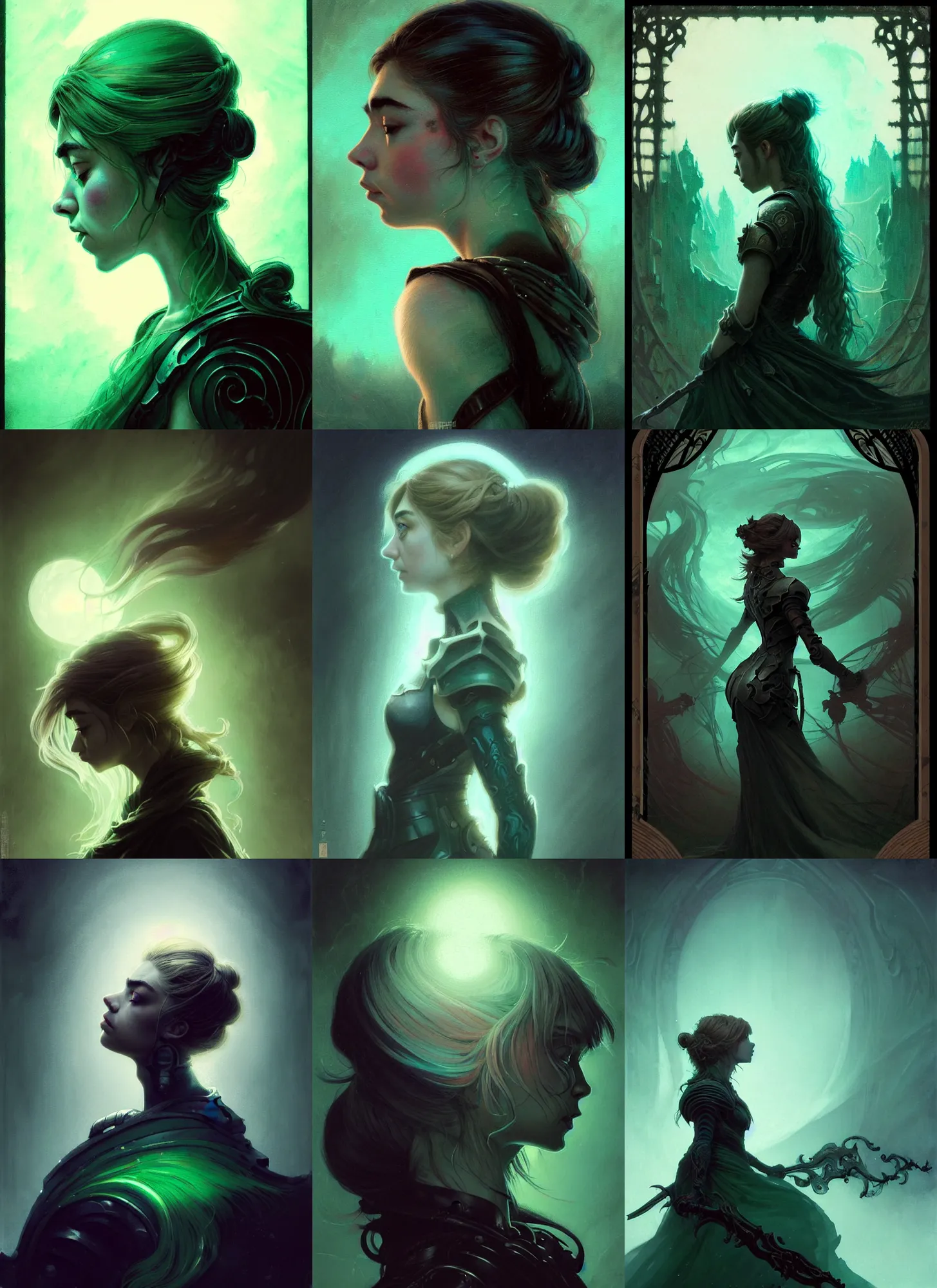Prompt: side portrait, imogen poots, deathknight, gloomhaven, soft, smooth, luminescent, art nouveau, haunting, pale green backlit glow, evil inky swirly ripples, sickly colors, anime, realistic shaded lighting poster by greg rutkowski, magali villeneuve, artgerm, jeremy lipkin and michael garmash and rob rey