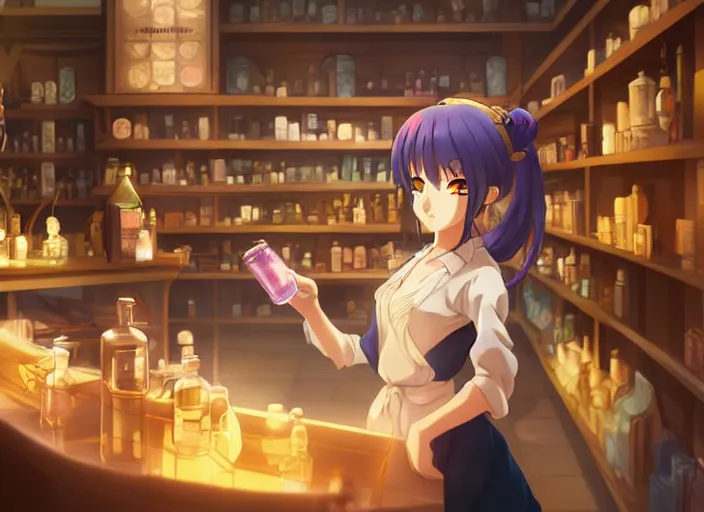 Image similar to anime, portrait of a young woman in a alchemist's potion shop interior looking at a glowing potion, yoshinari yoh, dynamic pose perspective, moody, detailed facial features, kyoani, rounded eyes, sharpened image, cel shade