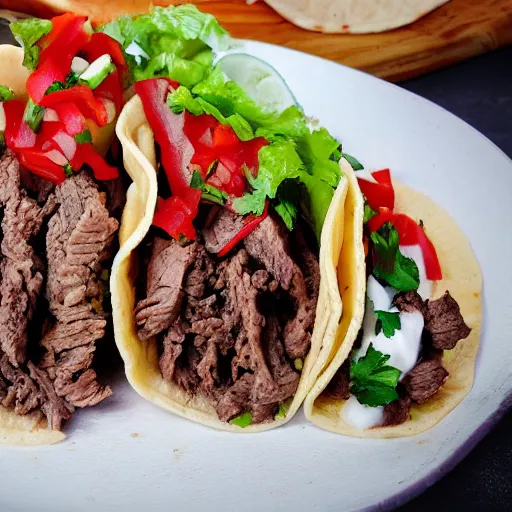 Prompt: fresh, steaming taco, beef taco, stuffed with extras, authentic street taco, sizzling beef
