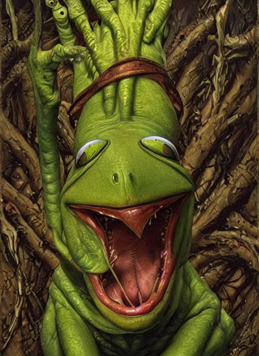 Image similar to portrait of Kermit the frog in Evil Dead (2013), highly detailed, centered, solid color background, digital painting, artstation, concept art, smooth, sharp focus, illustration, artgerm, donato giancola, Joseph Christian Leyendecker, Les Edwards, Ed Repka, WLOP