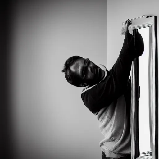 Prompt: professional photograph of a man touching a mirror on the wall