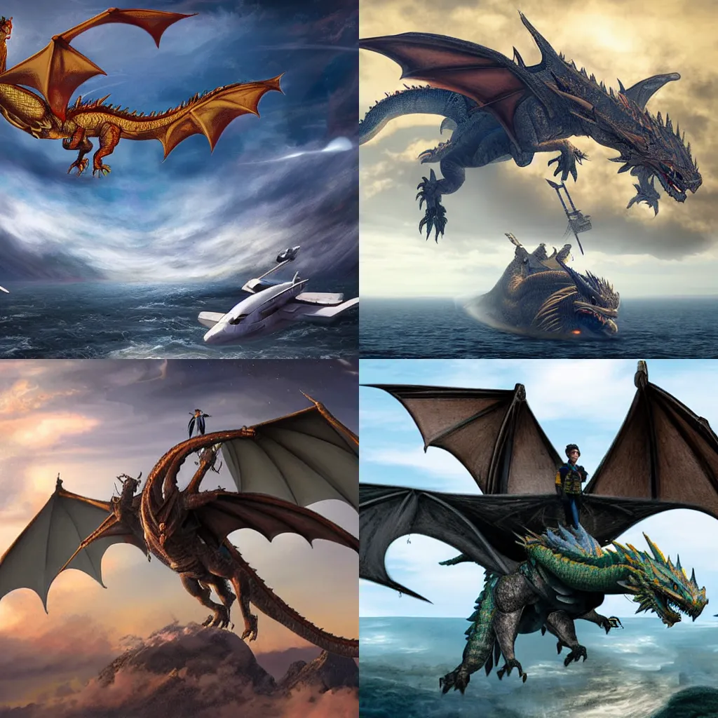 Prompt: A large dragon with human pilot flying over a ship Peter Jackson style