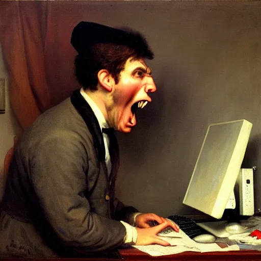 Image similar to an angry man yells at his computer monitor, oil on canvas, 1 9 0 1