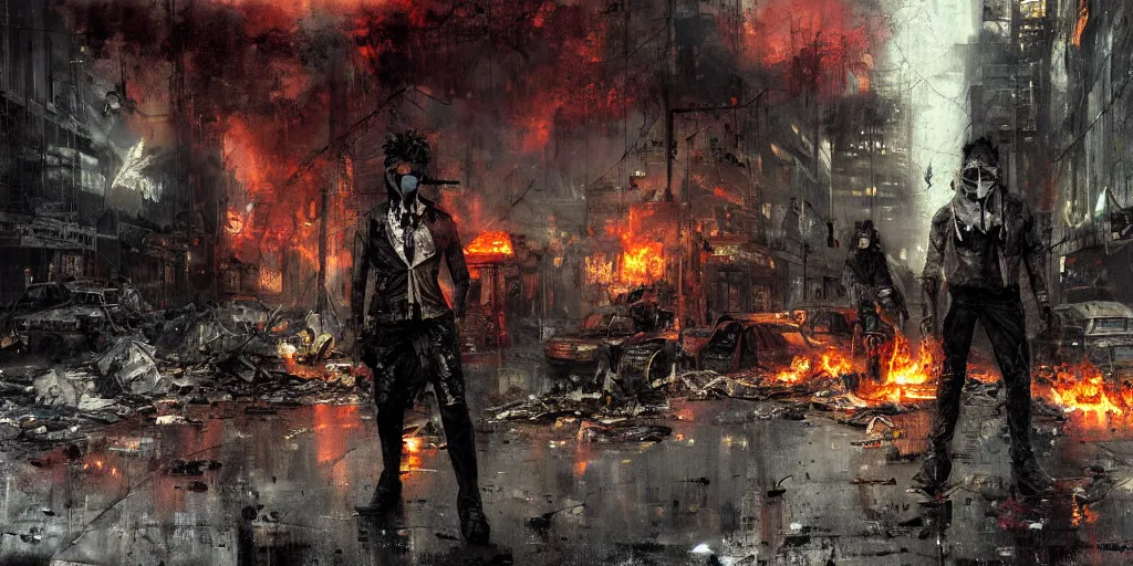 Image similar to post apocalyptic city, revolutionary punk masked up punk, fire, damaged, trash, full shot, by jeremy mann