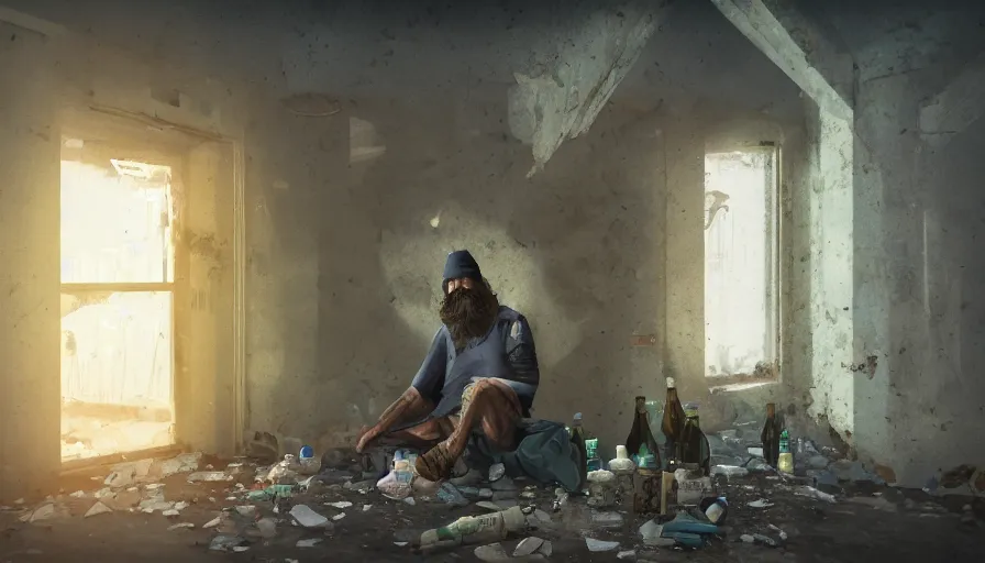 Prompt: homeless guy drink beer bottle in an abandoned dirty dusty hotel, cracked wall, rotten room, flashlight, hyperdetailed, artstation, cgsociety, 8 k