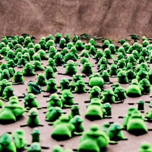 Image similar to an army of green frogs, preparing for war, standing on 2 feet, plague,