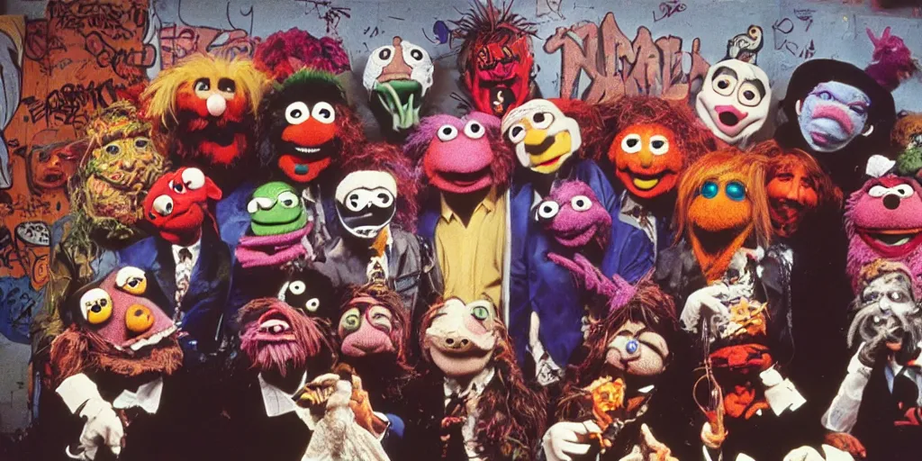 Image similar to jim henson muppet band wearing Halloween masks, 1980s surrealism aesthetic, detailed facial expressions, graffiti on the walls and ceiling