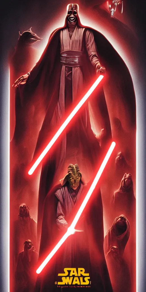 Image similar to a movie poster of jar jar binks who unveils himself as the sith lord the whole time, movie poster, 8 k