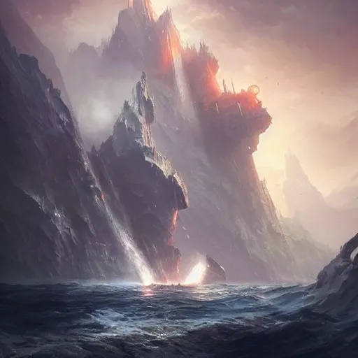 Prompt: A ship falling off the infinitely wide waterfalls at the edge of the world, fantasy art by Greg Rutkowski