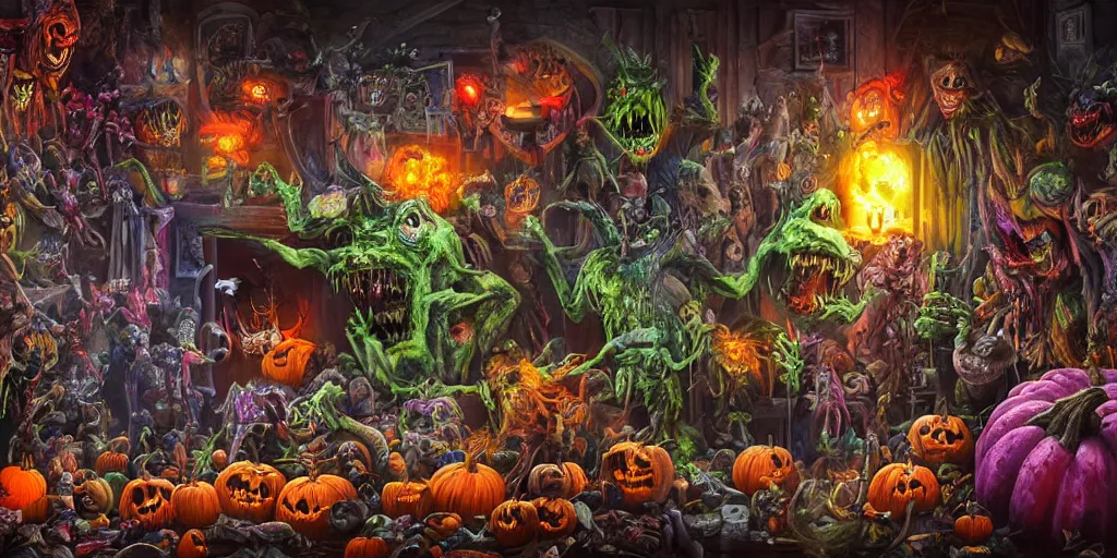 Image similar to ultra wide view of the most awesome monster party with a rube goldberg door trap, devils, demon, multiverse, ghosts, witches, pumpkins, vampires, mummies, monsters, dripping, hyper-realistic, bright and colorful, octane render, 8k, extremely detailed, iridescent, photorealistic, minute details, horror, grotesque, macabre, moody, broken, gritty, zbrush art, extreme details, cinematic