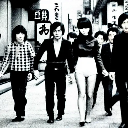 Image similar to 1 9 7 0 s, black and white japanese tv show, ph, mechanical monsters walking the streets of shinjuku