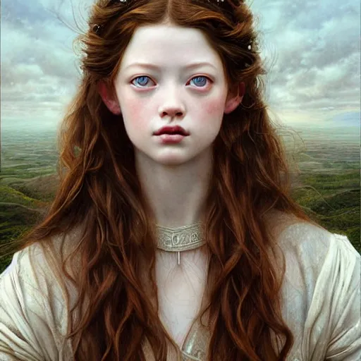 Image similar to beautiful striking Pre-Raphaelite Mackenzie Foy by Artgerm and Greg Rutkowski, intricate, elegant, highly detailed, digital painting, pale