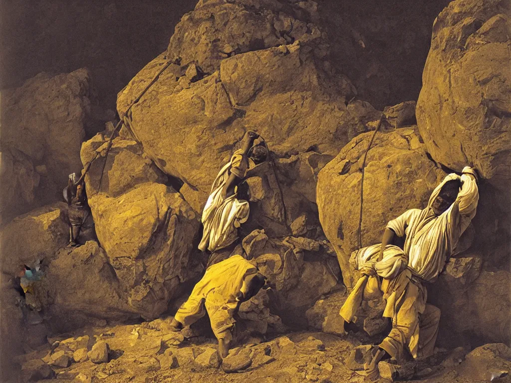 Prompt: Worker of the gold mines pushing a boulder. Night. Painting by Georges de la Tour, Sebastiao Salgado