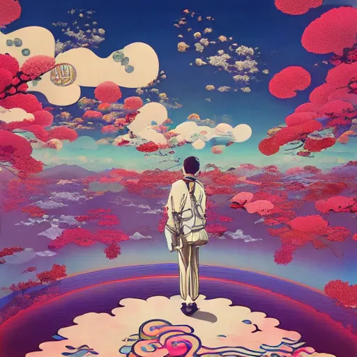 Image similar to a man walking on clouds away from the camera above kyoto by takashi murakami, beeple and james jean, aya takano color style, 4 k, super detailed, modern, 4 k, symmetrical