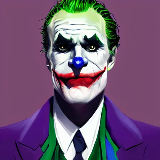 Image similar to the joker in a posh suit, attending university, portrait, artstation