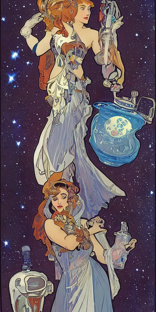 Prompt: a woman wearing outer space as a dress and pouring water from a vase into the milky way, by joe madura, by alphonse mucha, battle chasers.