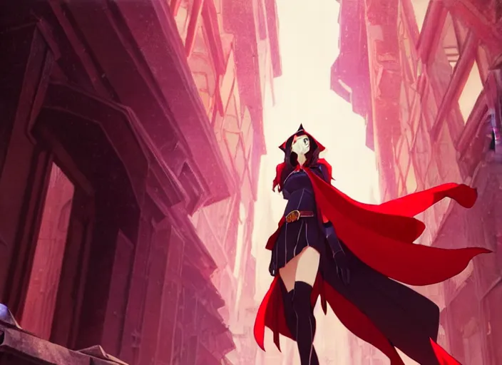 Image similar to a film still portrait of a confident sorcerer dieselpunk diesel scarlet witch, finely detailed features, closeup at the faces, perfect art, at an ancient city, gapmoe yandere grimdark, trending on pixiv fanbox, painted by greg rutkowski makoto shinkai takashi takeuchi studio ghibli, akihiko yoshida.