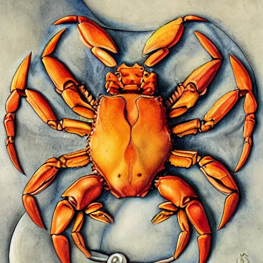 Image similar to detailed and sharp crab zodiac artwork, mystic style, detailed, 8 k, detailed, symmetrical, by brian froud