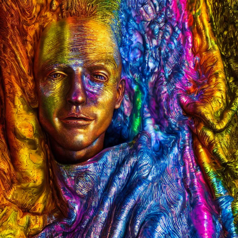 Prompt: octane render portrait by wayne barlow and carlo crivelli and glenn fabry, a giant shiny smooth reflective colorful tie - dye chrome statue of a handsome face inside a giant massive dramatic cavernous art gallery, cinema 4 d, ray traced lighting, very short depth of field, bokeh