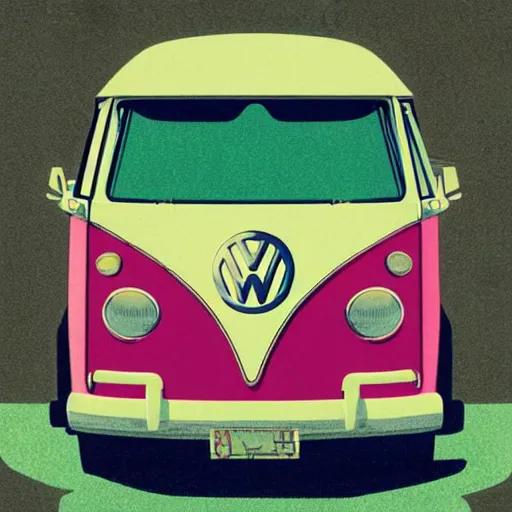 Image similar to illustration of an old van volkswagen, may 6 8, pastel colors, cool, hippie by victo ngai