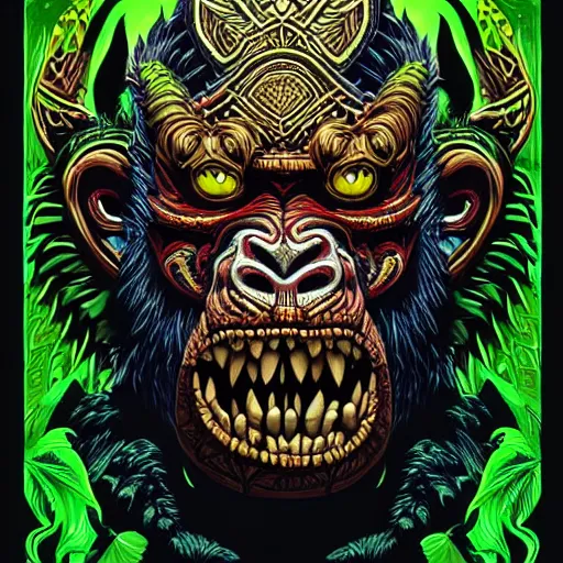 Image similar to barong family member, wiwek, mara demon, one single tribe member, jungle, one single mask, dark, ancient warrior, gorilla, lizard, tribal, inner glow, art by dan mumford and justin gerard