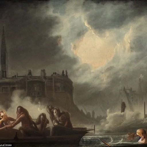 Image similar to charon on one end of a reaper boat and a london banker sitting on the other end on the river styxx with submerged buildings in the backround