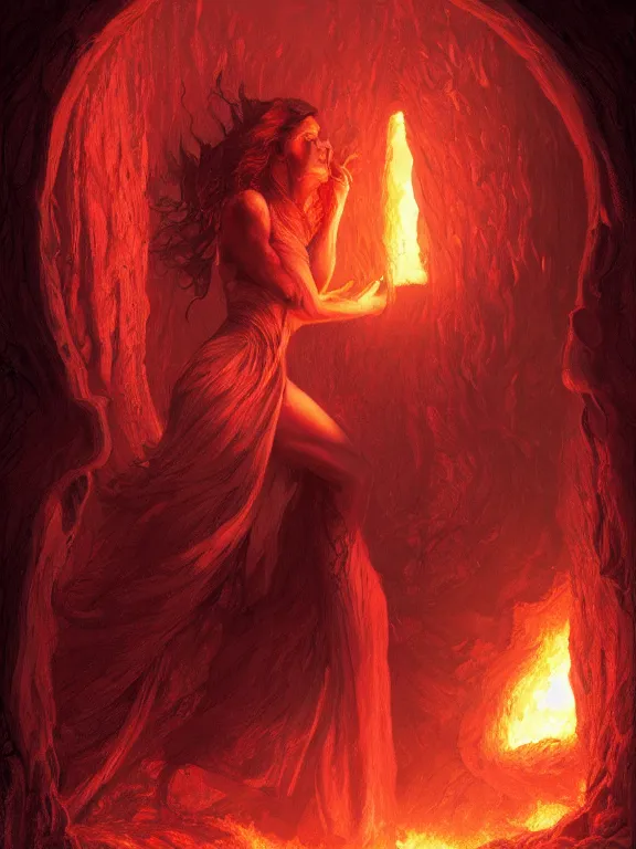 Image similar to Jennifer Connelly opening the door to hell, red lighting, time warping, D&D, fantasy, highly detailed, digital painting, trending on artstation, concept art, sharp focus, illustration, art by artgerm and greg rutkowski and magali villeneuve