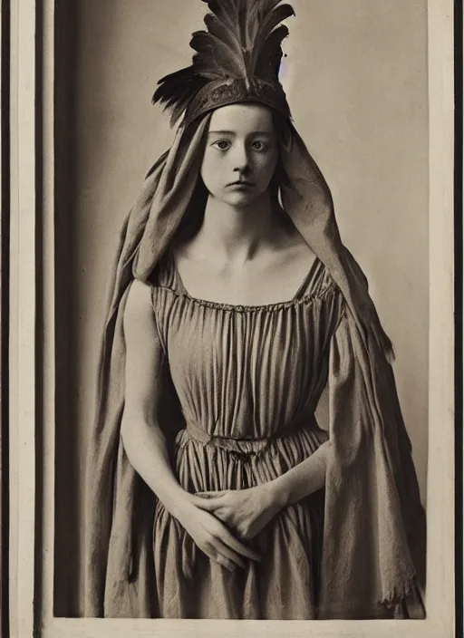 Image similar to portrait of young woman in renaissance dress and renaissance headdress, art by edward weston