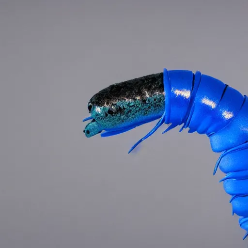 Image similar to studio photograph of a matte dark gray worm with a neon blue head and tail