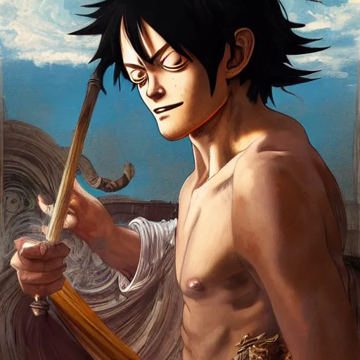 Image similar to Monkey D. Luffy as a renaissance artist, amazing, intricate, highly detailed, digital painting, artstation, concept art, sharp focus, illustration, in the style of greg rutkowski and alphonse mucha