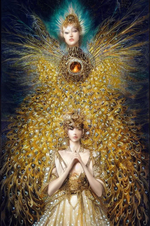 Prompt: beautiful angel with peacock feathers and golden diamond armor, shining light, pearls, god rays by Karol Bak, Ayami Kojima, Amano