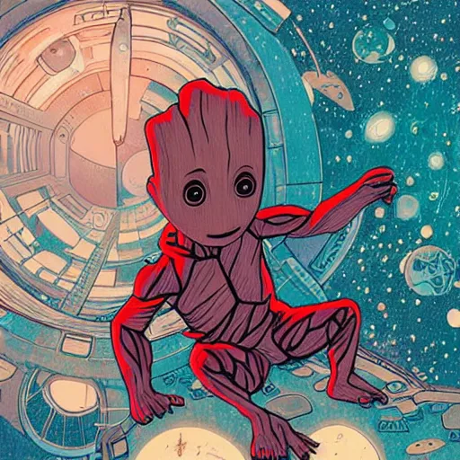 Prompt: baby groot lies flat and crosses legs in bed the space ship, by victo ngai