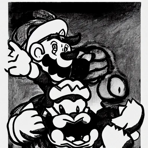 Image similar to bowser eating mario in the style of goya's saturn devouring his son