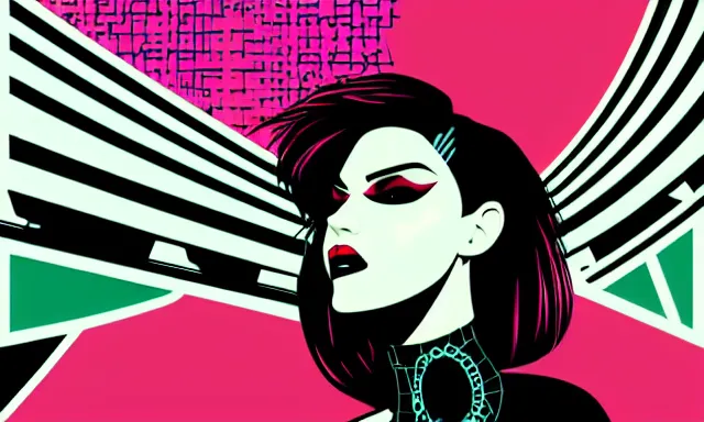 Prompt: portrait of a very very very beautiful, aesthetic cyberpunk woman smiling with gorgeous eyes, punk makeup, extremely stylish punk hair, late evening in a city, minimal vector line art by tom whalen