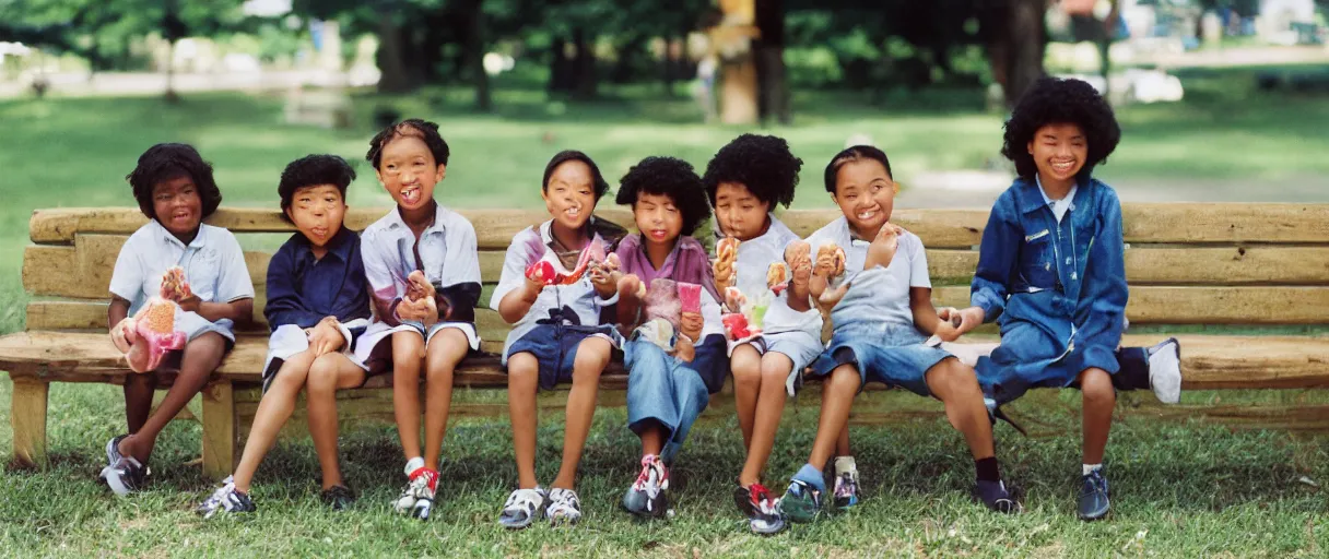 Image similar to a photograph for advertising of multicultural kids on a bench eating ice cream shot by annie leibovitz, shallow depth of field, background school yard, kodak porto 4 0 0 film stock, zeiss 8 5 mm f 1. 2 color corrected and pts processed