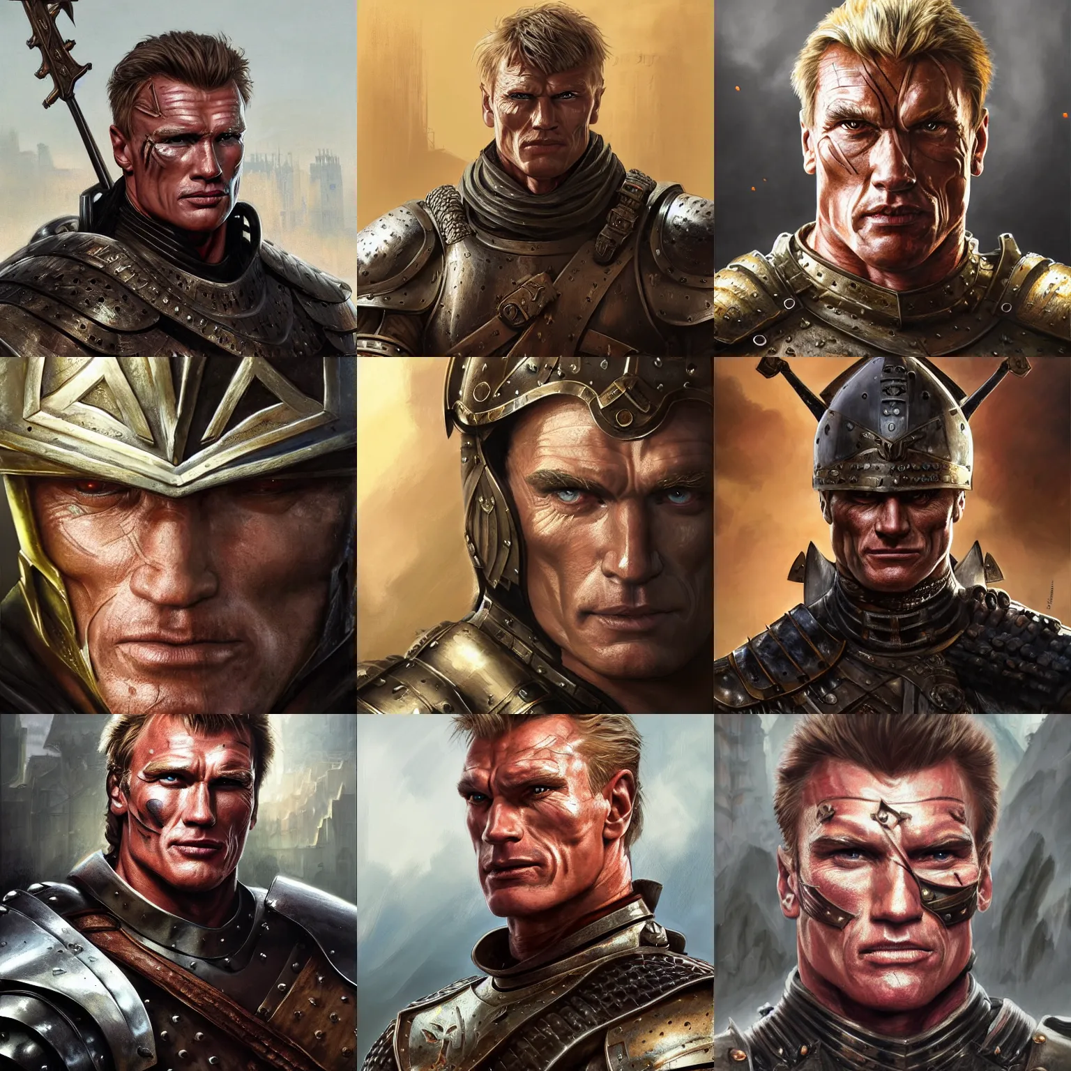 Prompt: armored medieval warrior, headshot, facial combination of Arnold Schwarzenegger + Dolph Lundgren, D&D, painted character portrait, highly detailed, digital painting, artstation, concept art, sharp focus, illustration, art by artgerm and greg rutkowski and alphonse mucha