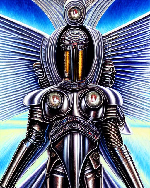 Image similar to Detailed Painting Of a Cyberpunk warrior Archangel knight brute in battle armor with metal metallic wings by Alex Grey